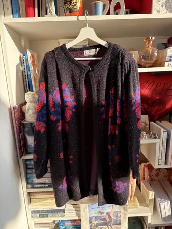 Cardigan Vintage J.J. Browne Noir Motifs Fleuris Taille M