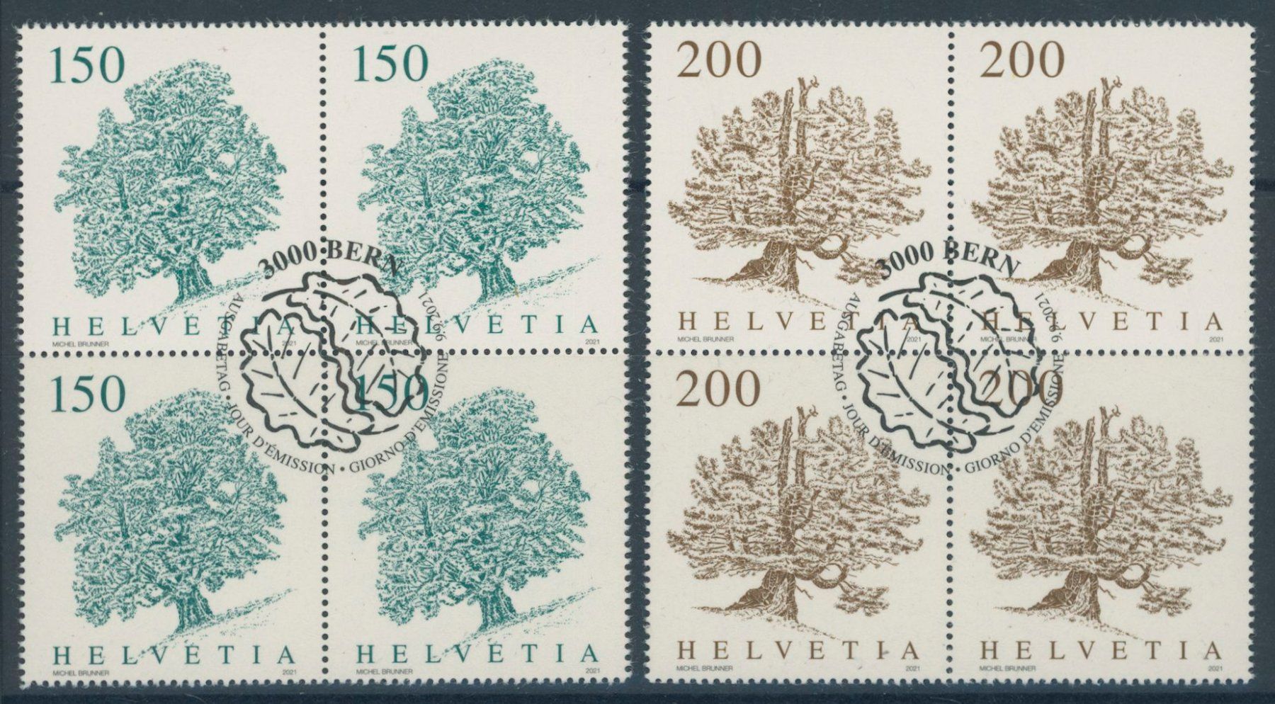Tutti i francobolli: 2021 - Bäume - Viererblock - Ersttag Stempel ET – Usato da Schindellegi venduto da leecollect
