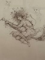 Leonor Fini, Hexe auf Besen mit Katze, Litho, Signiert
