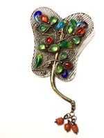 Brosche Art-Deco, Silber Vermeil, Emaille, Koralle 20/30er