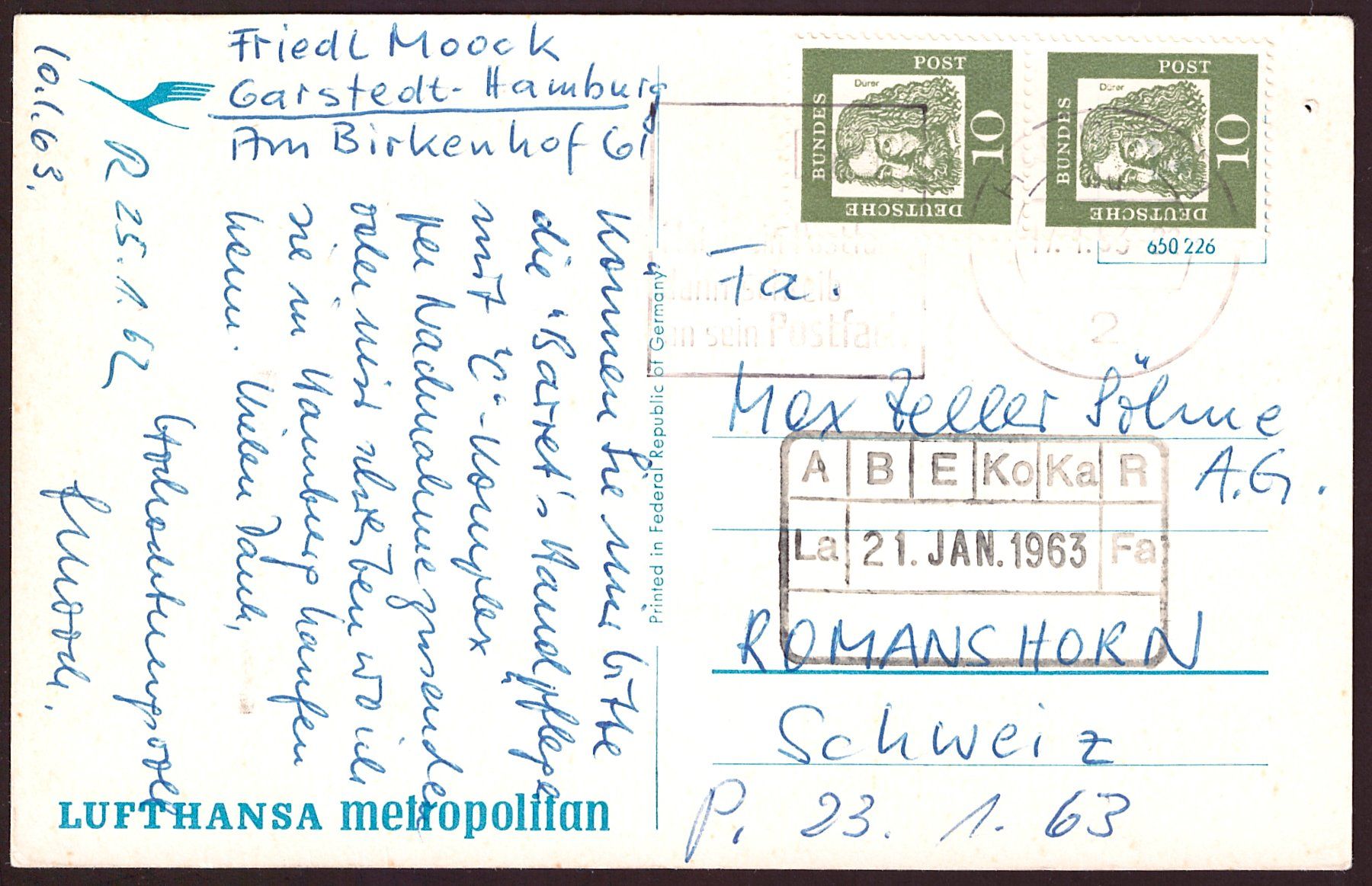 Cartes postales: AK Lufthansa "Metropolitan", ca.1963 – D'occasion à Wittenwil par Khunruedi 1