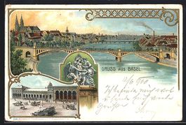 Litho Basel, Stadt-Panorama mit Rheinbr