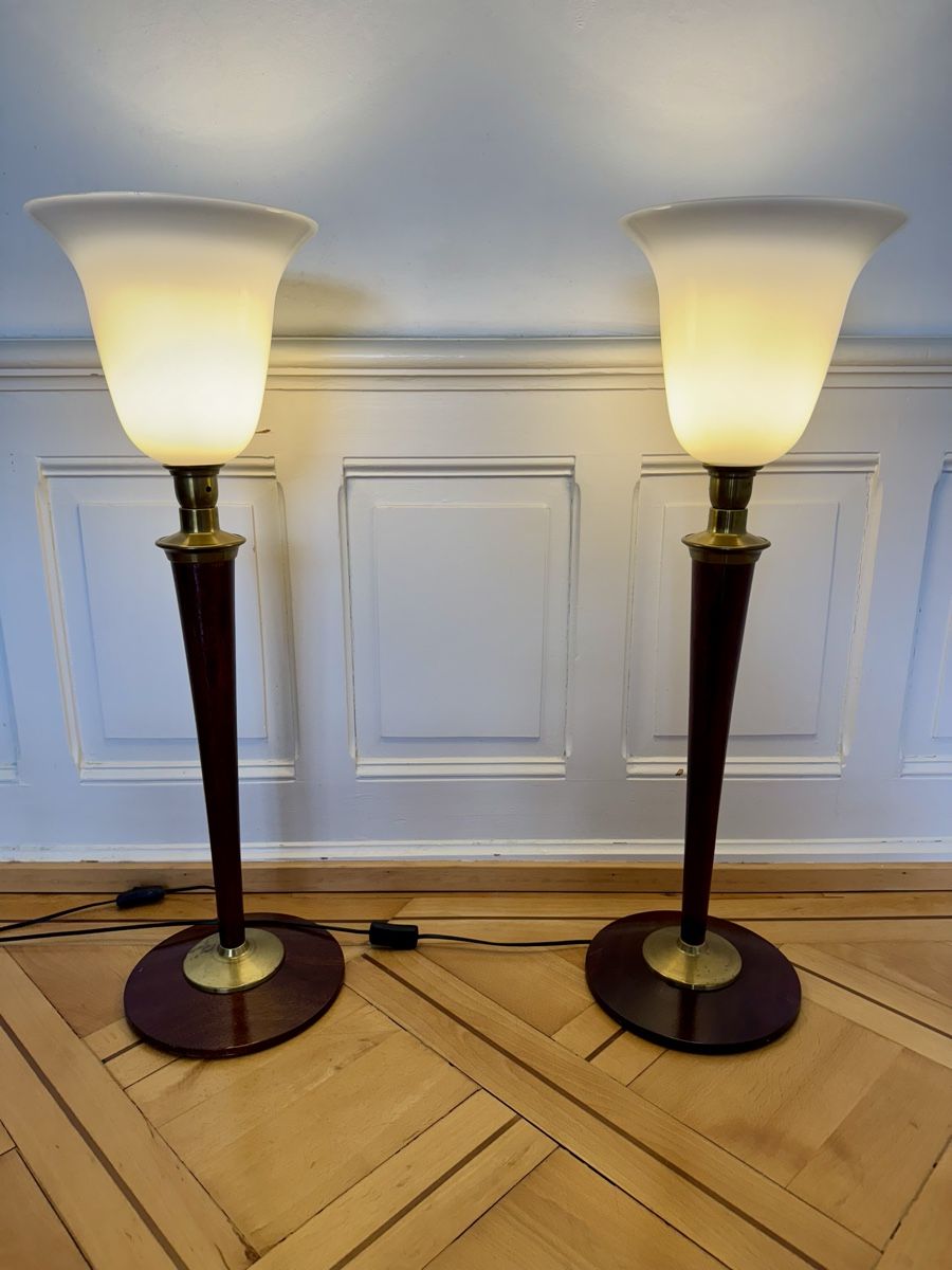 Lampade: Mazda Stehlampen - Set Holz / Messing / Opal Glas - Art Déco – Usato da Zürich venduto da Nobs1 6