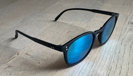 Sonnenbrille schwarz matt, blau verspiegel, inkl. Etui, NEU