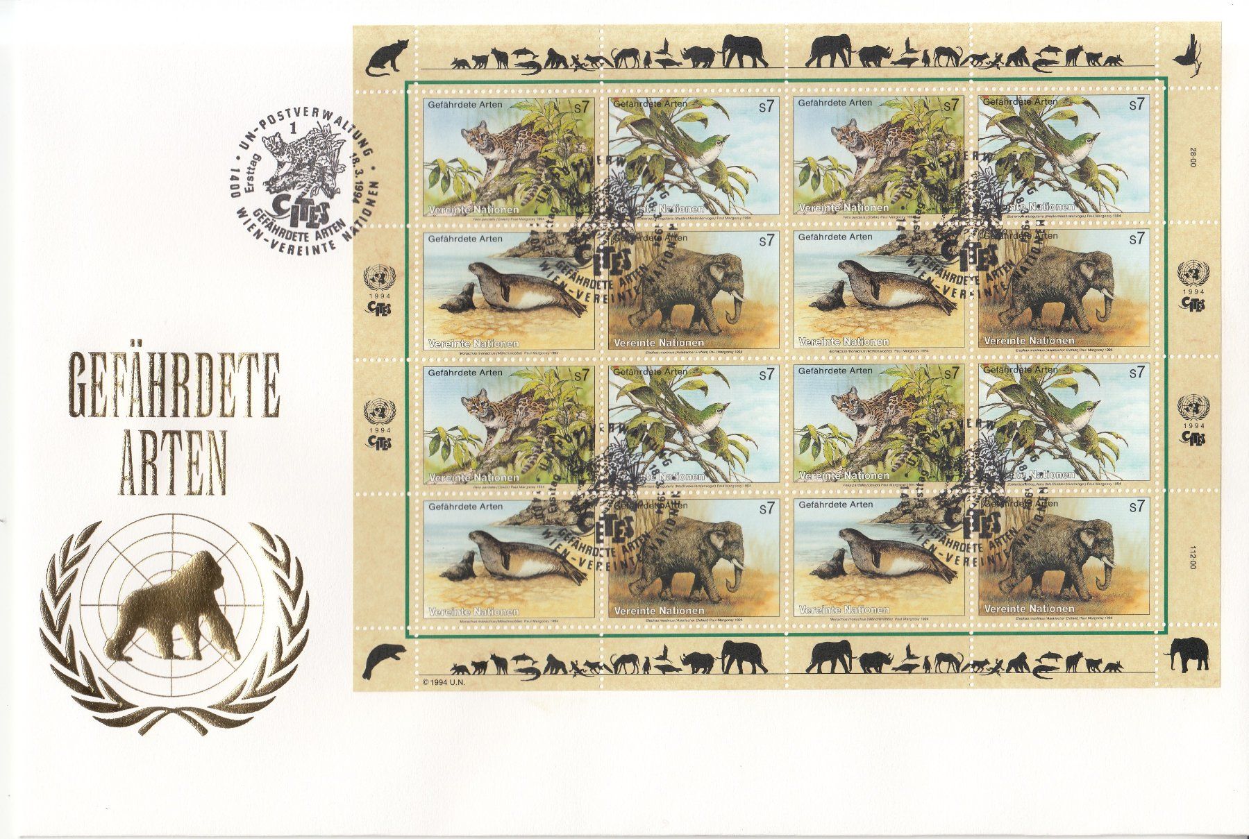 Tutti i francobolli: Gefährdete Arten, UNO 9 Grossbriefe 1993 - 1995 – Usato da Bürglen TG venduto da StampGraf 6