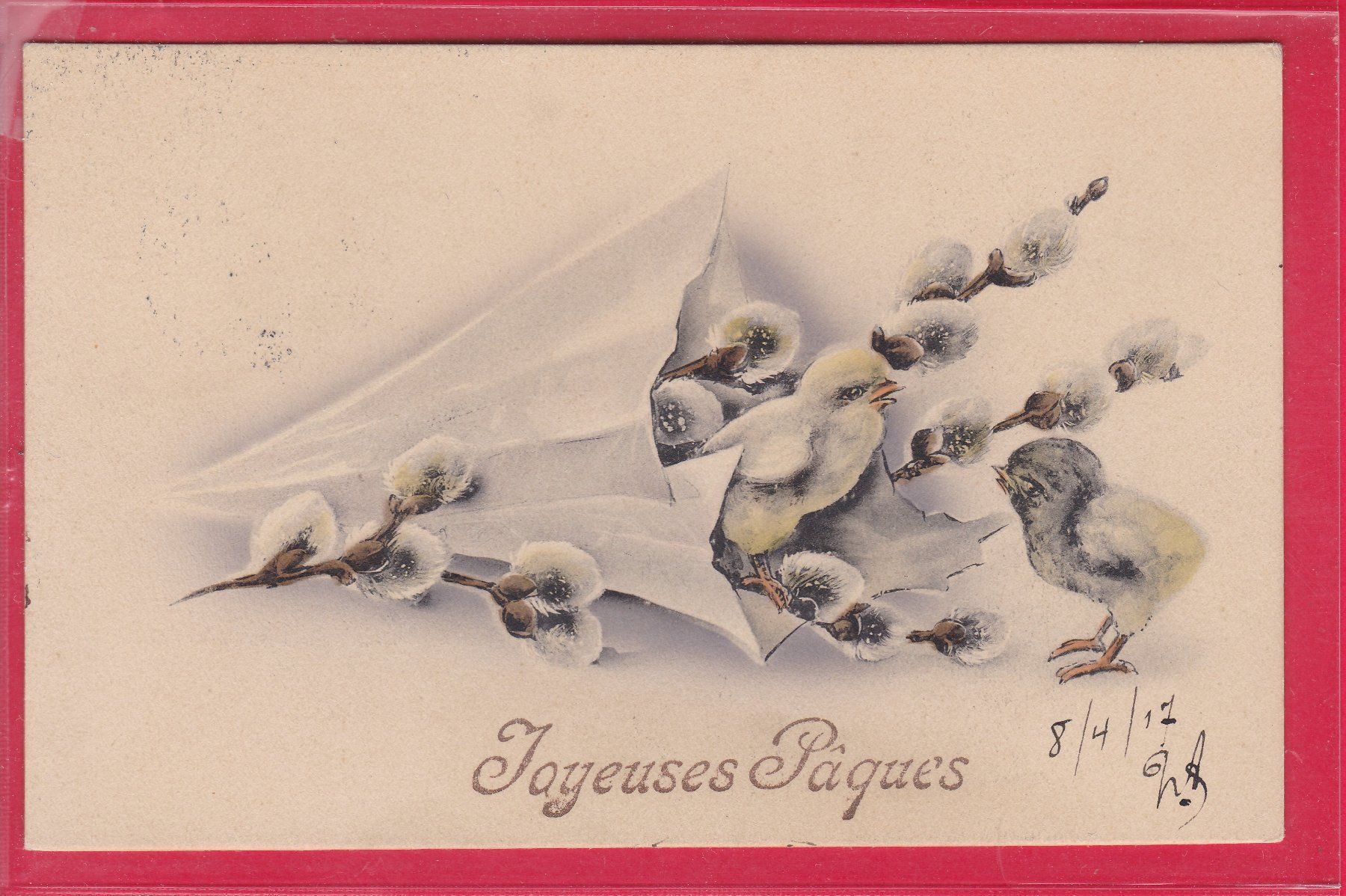 Ansichtskarten: JOYEUSES PAQUES, 10.4.1917 – Gebraucht aus Oberrieden von Gebirgsstelze