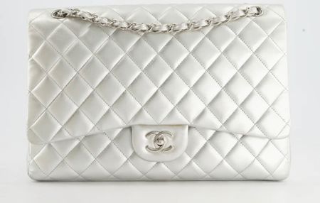 CHANEL - METALLIC SILVER MAXI SINGLE FLAP BAG IN LAMBSKIN