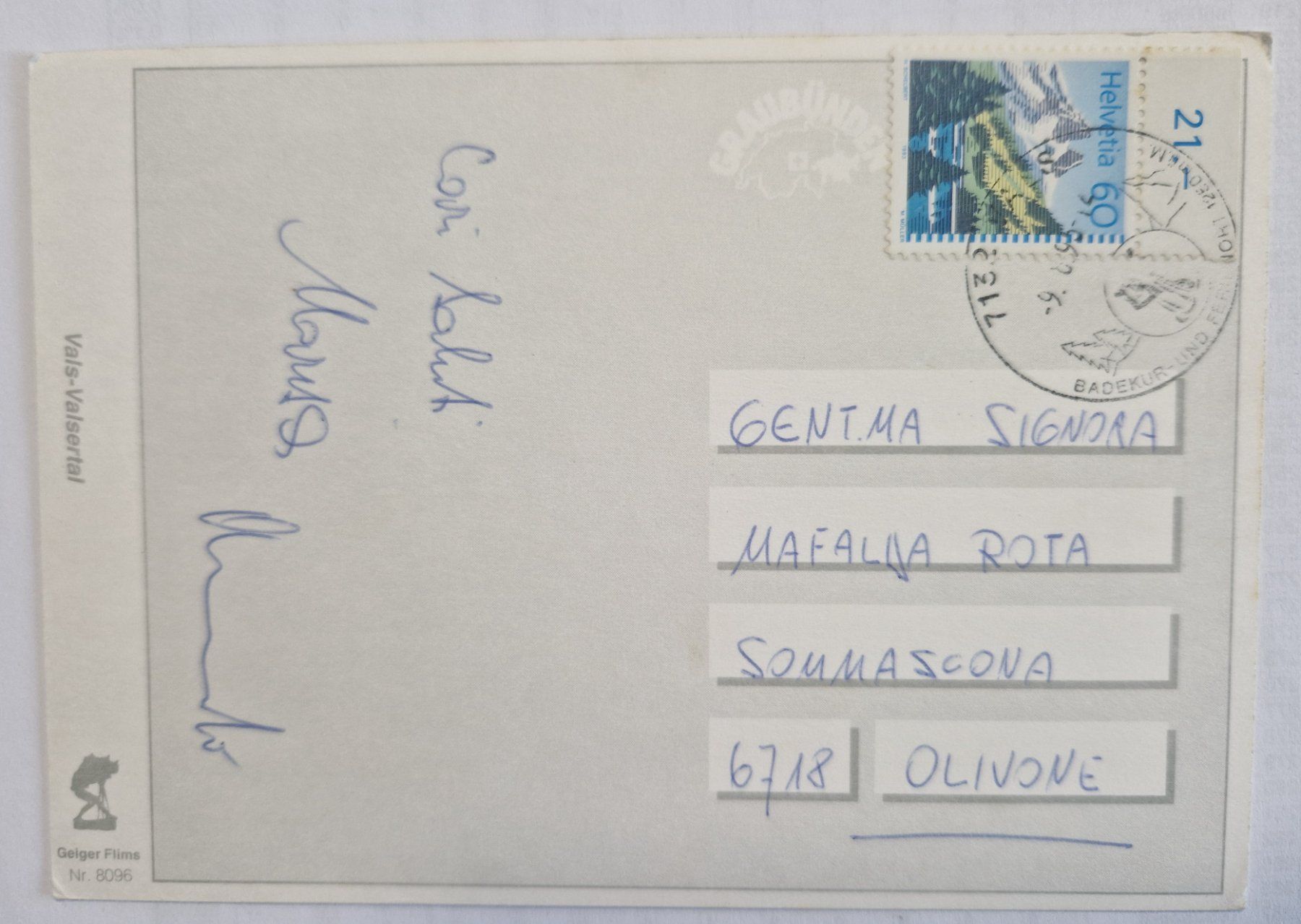 Cartoline postali: Vals - Valsertal, Graubünden 1995 – Usato da Melchnau venduto da Arthurius 1