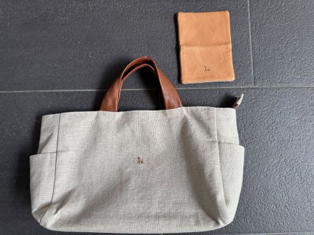 Japanische Leinen Tasche mit Ledergriffen mit Etui neuwertig