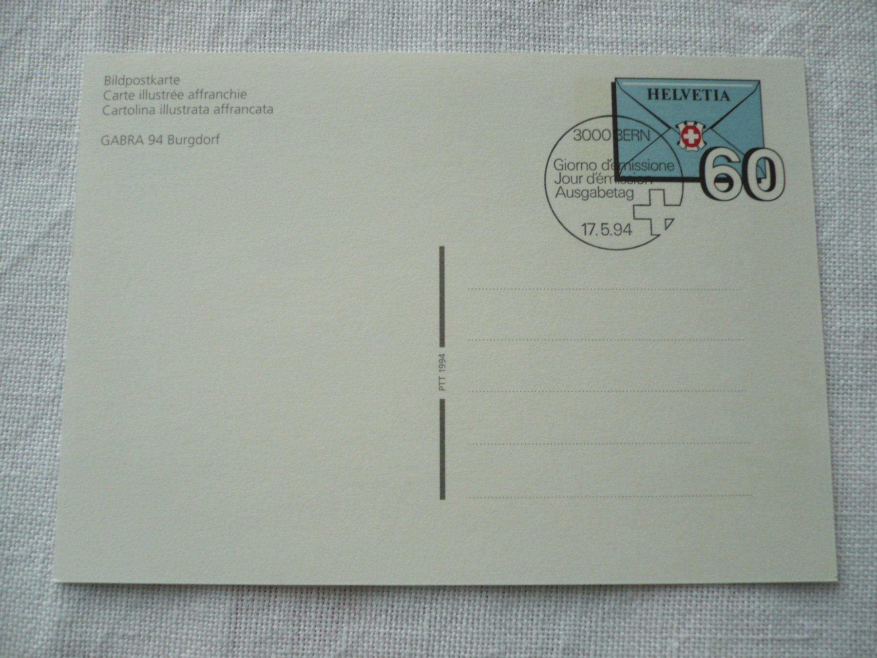 Alle Briefmarken: 1994 Bildpostkarte GABRA 94 ET – Gebraucht aus Zürich von saltandpepper008 1