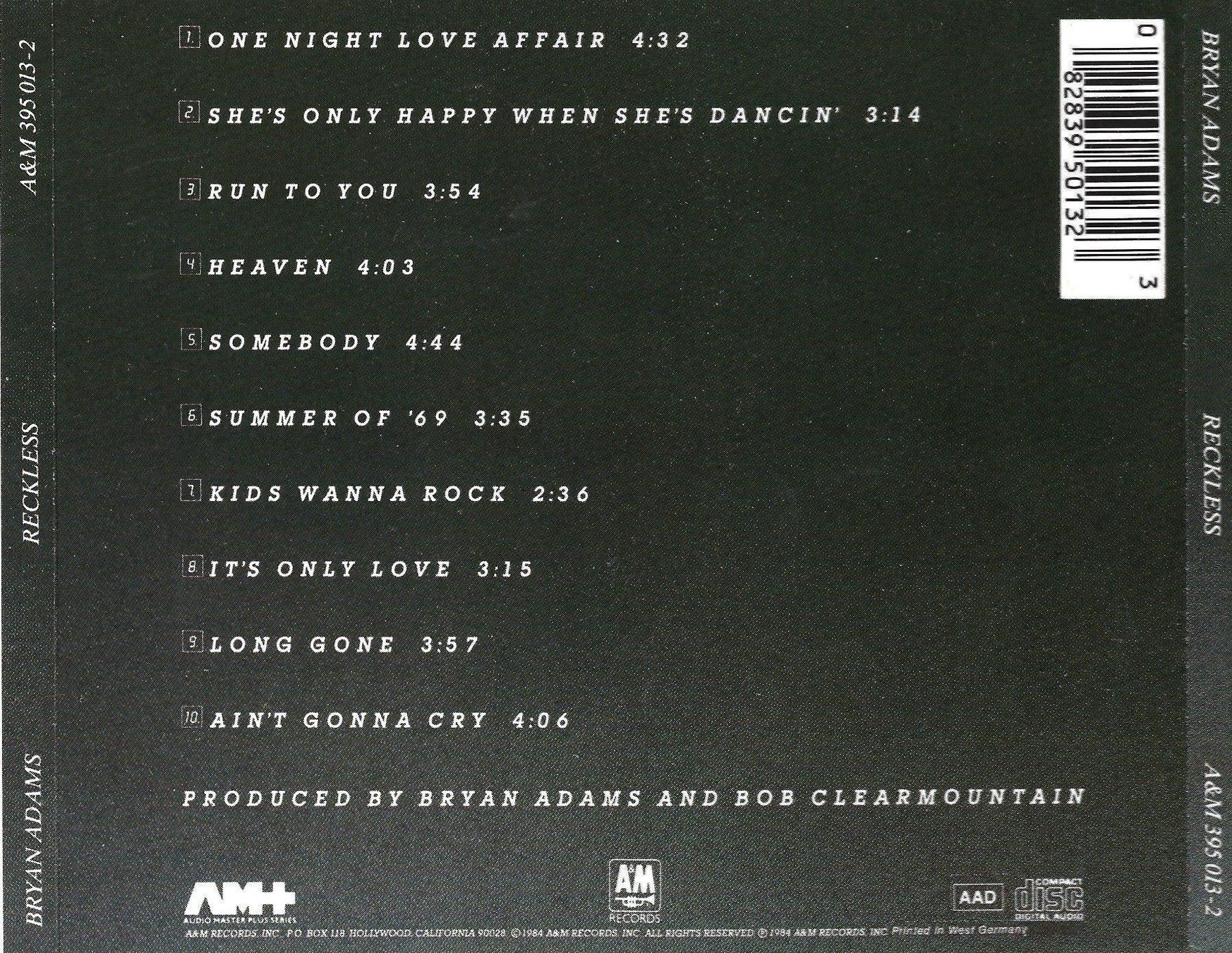 CDs: CD: BRYAN ADAMS - Reckless – D'occasion à Rotkreuz par groeli69 1