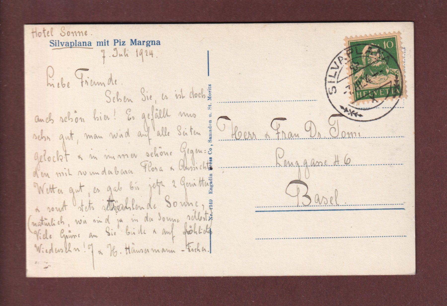 Cartoline postali: SILVAPLANA - Piz Margna - 1924 – Usato da Pully venduto da nicecards 1