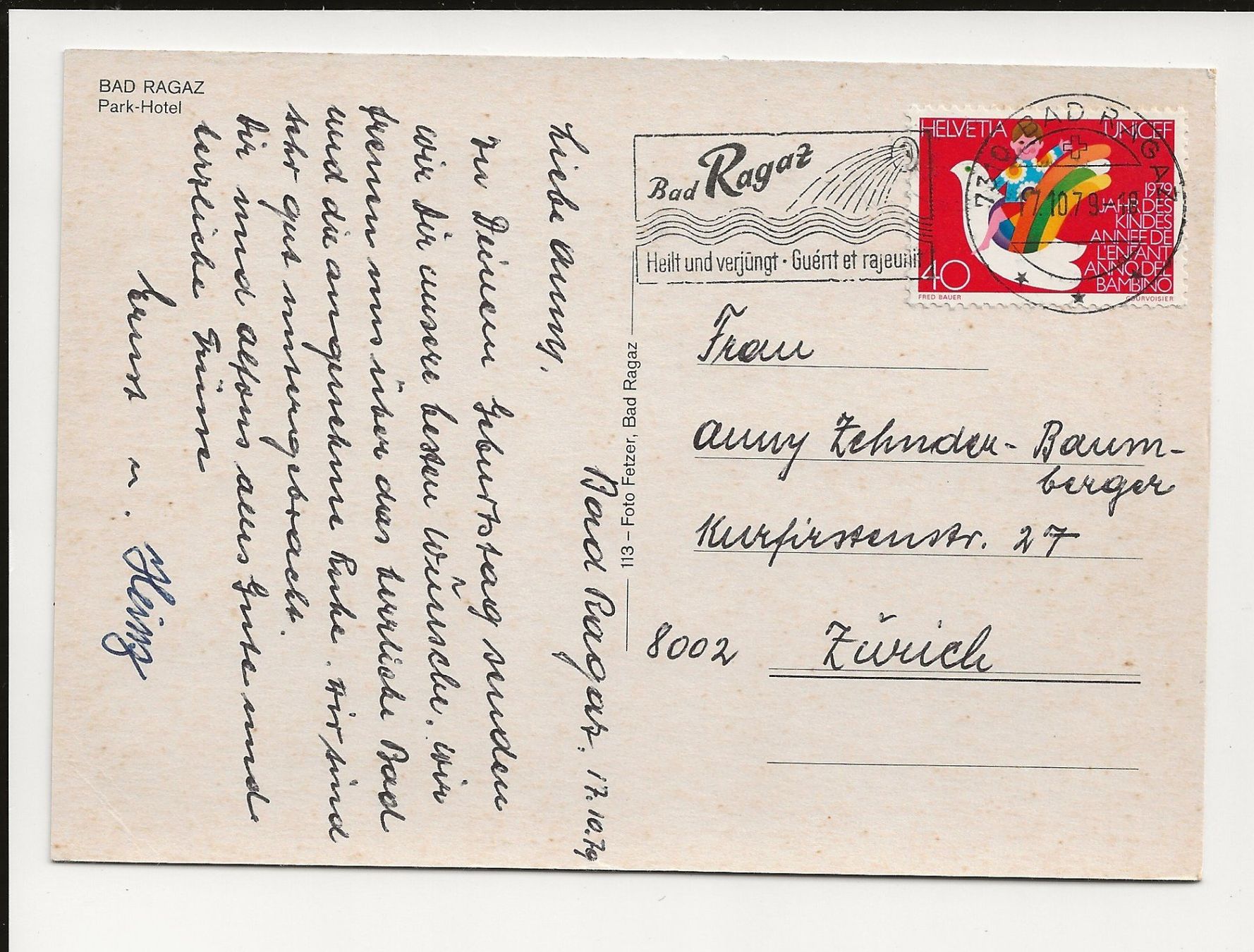 Cartoline postali: AK 1979 Bad Ragaz, Park-Hotel – Usato da Greifensee venduto da 315WDO 1