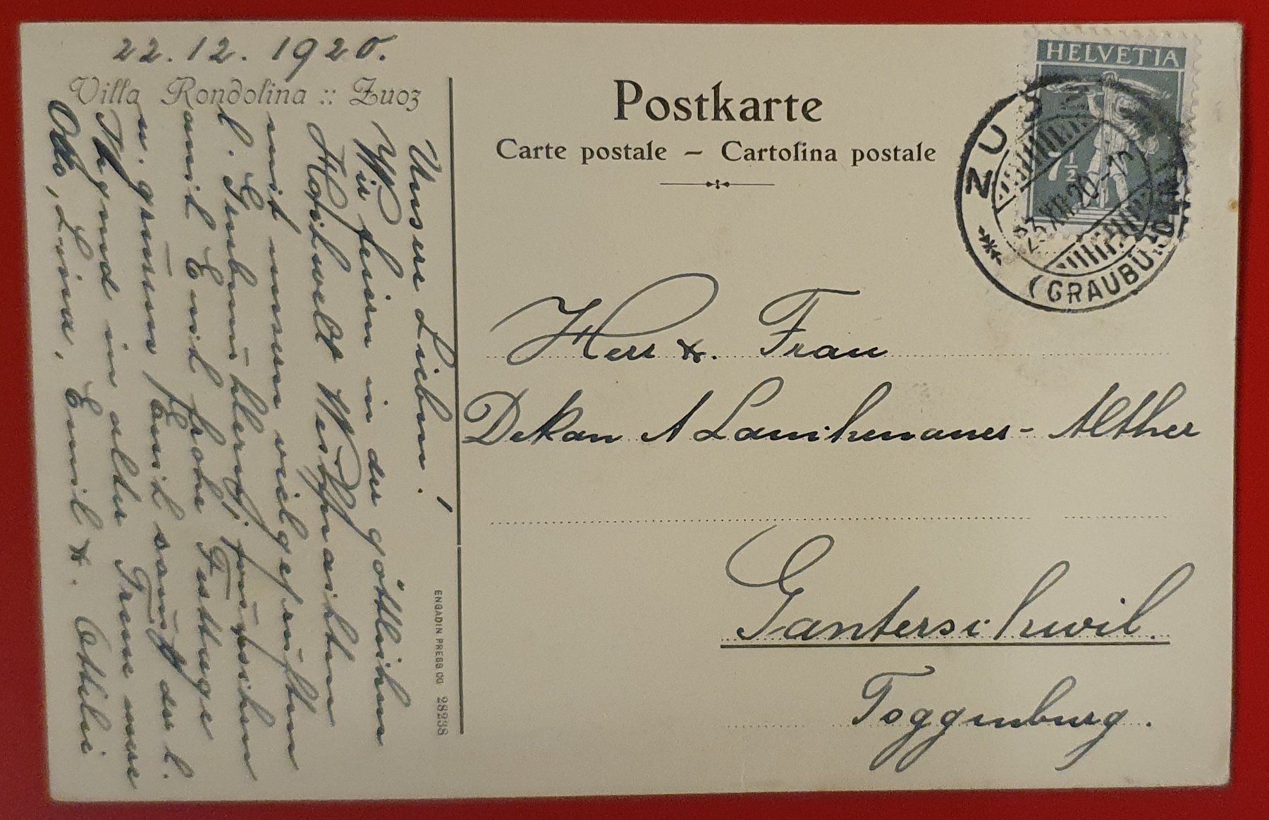 Cartoline postali: Zouz 1920 - Villa Rondolina – Usato da Kreuzlingen venduto da Rschweiz1 1