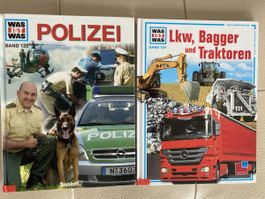 2 Bücher Was ist Was Polizei und LKWs, Traktoren, Bagger