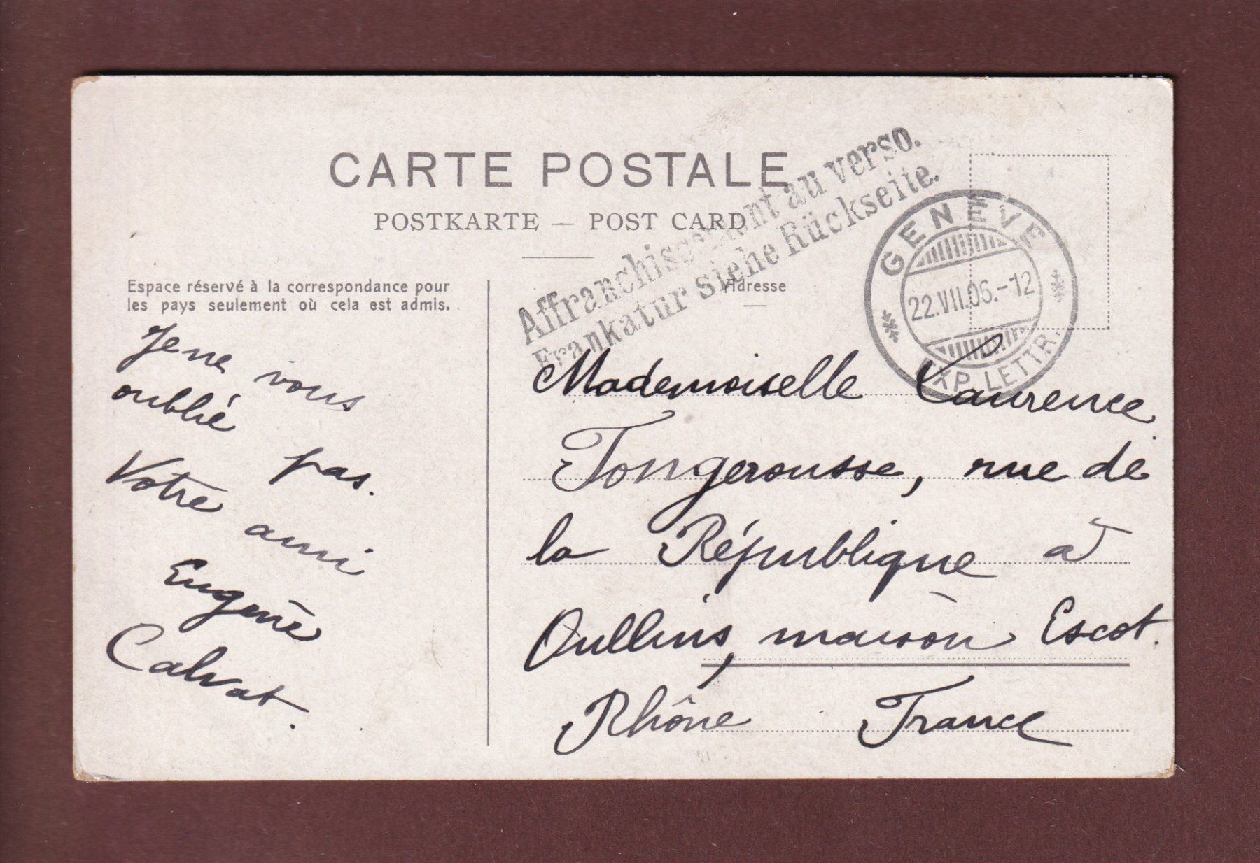 Cartoline postali: GENEVE - Credit Lyonnais - 1906 – Usato da Pully venduto da nicecards 1