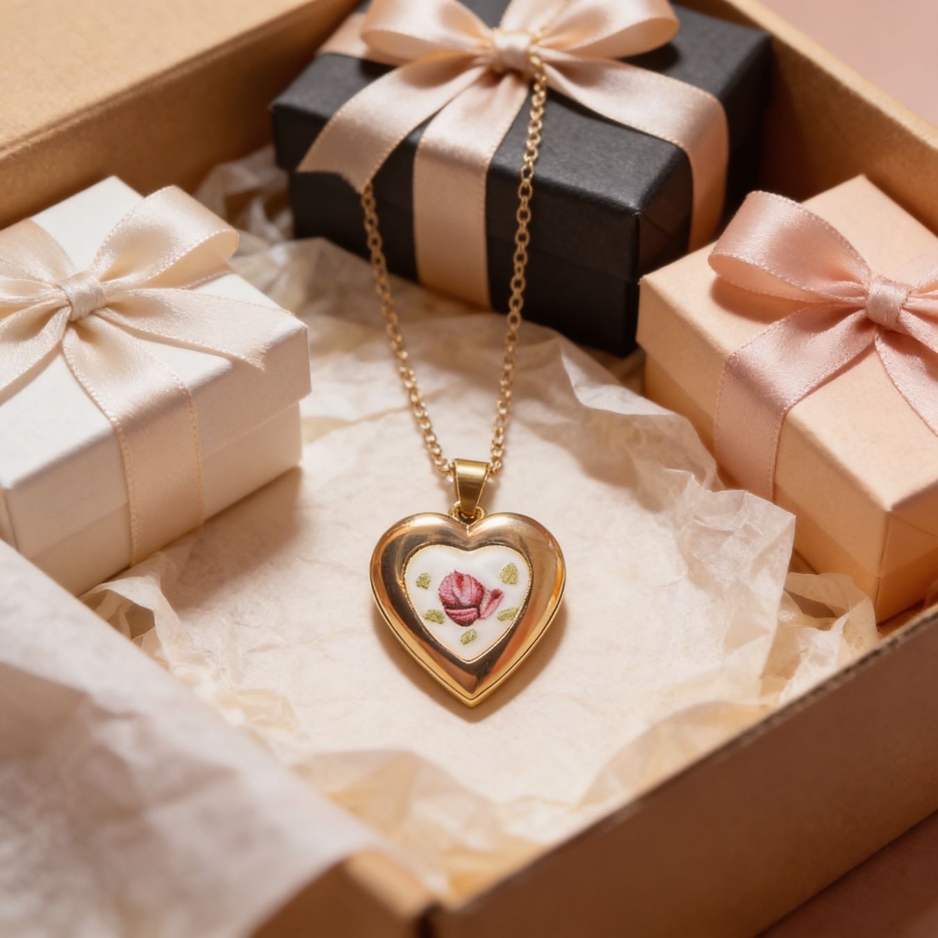Ketten: Collier Coeur Vintage Doré avec Rose – Neu und originalverpackt aus St-Maurice von Sandrinette123