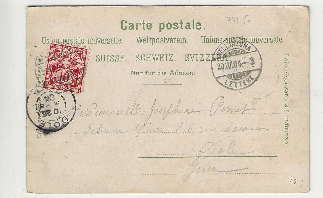 Cartoline postali: Bellinzona, 1904 – Usato da Spiez venduto da Niesen20 1