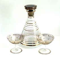 Vintage Liqueur-Set Karaffe / 2 Gläser, goldfarbene Streifen