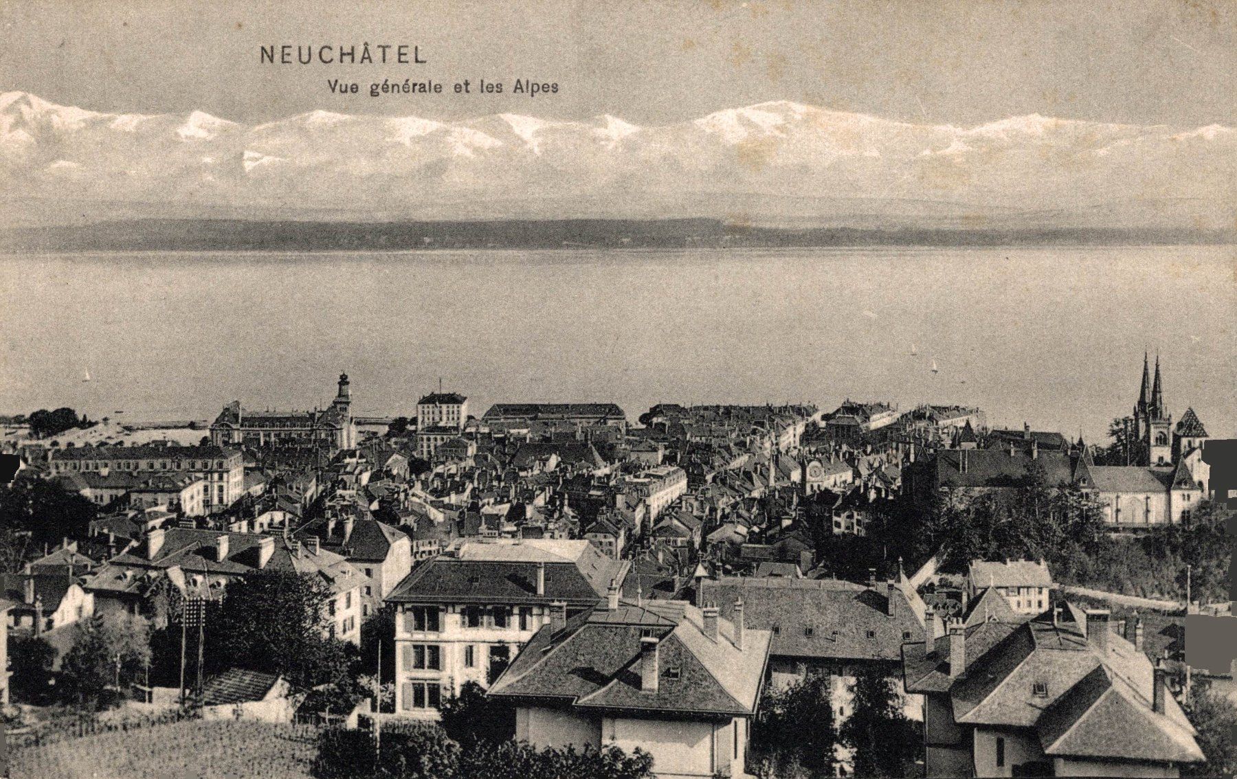 Cartoline postali: Neuchâtel. Vue générale et les Alpes – Usato da Bronschhofen venduto da Astore