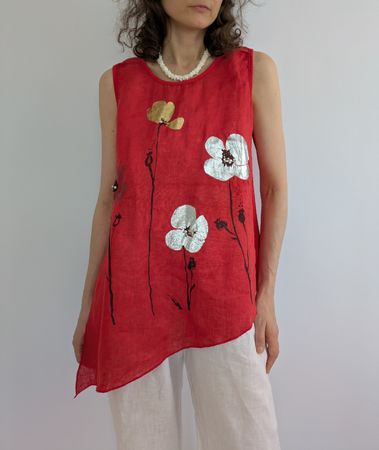 Sommerliches Leinen Top Gr.S Rot, Blumenmuster, Made in Ital