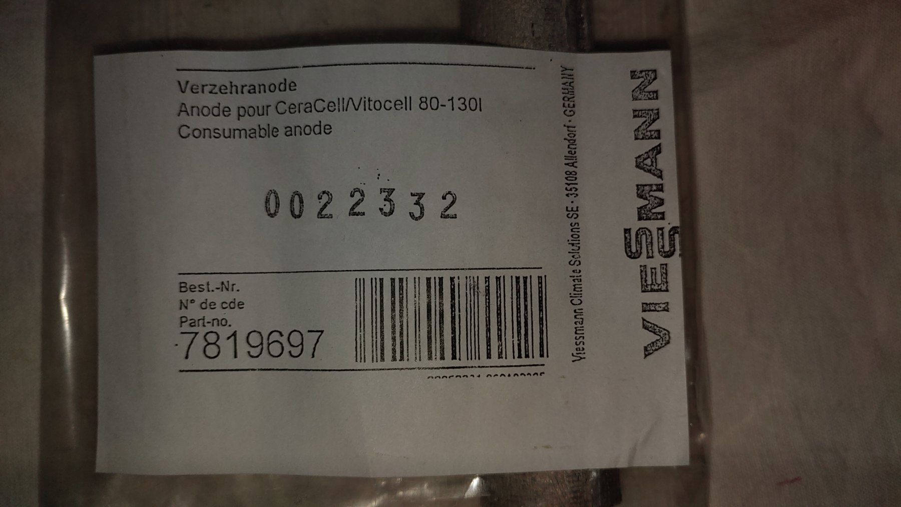 Sanitari: Magnesium-Anode / Verzehranode Artikel-Nr. 7819697 Viessmann – Nuovo e nell'imballaggio originale da Röthenbach Hbsee venduto da maruchdasa 1