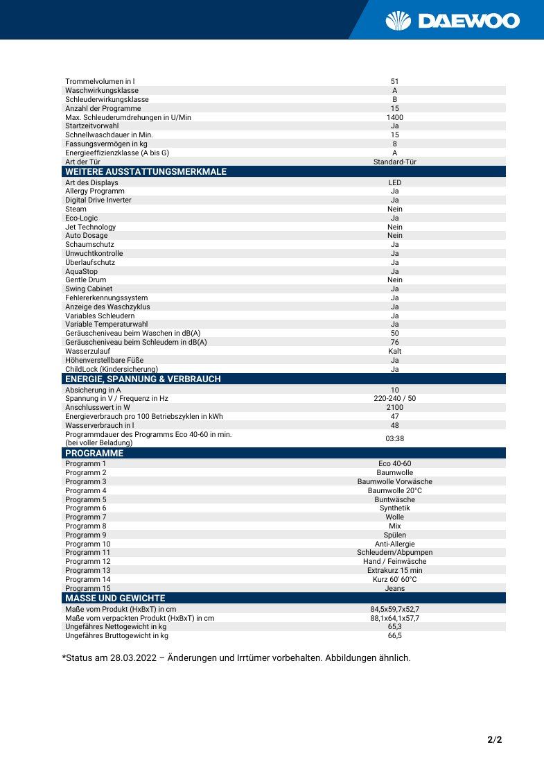 Daewoo Lavatrici: WM814T1WA0CH Waschmaschine – Nuovo (secondo la descrizione) da Wängi venduto da SPCSHOP 7