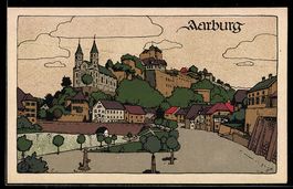 Steindruck-AK Aarburg, Straßenpartie mit Blick auf Schloss u