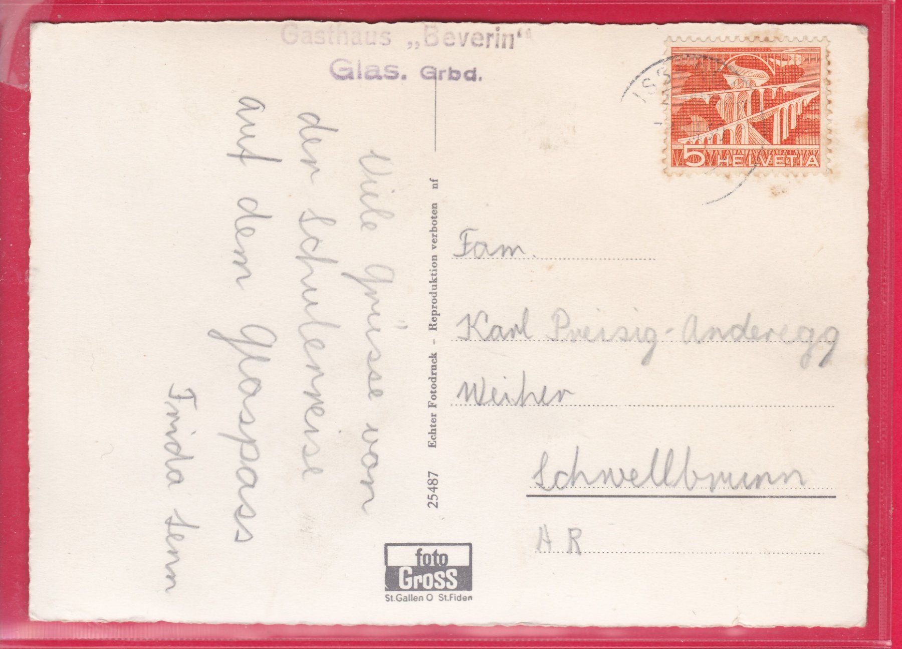 Cartoline postali: GLAS 1850m, GASTHAUS BEVERIN, 8.8.1960 – Usato da Oberrieden venduto da Gebirgsstelze 1