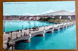 Genève - Tram & personnages sur le pont du Mont Blanc
