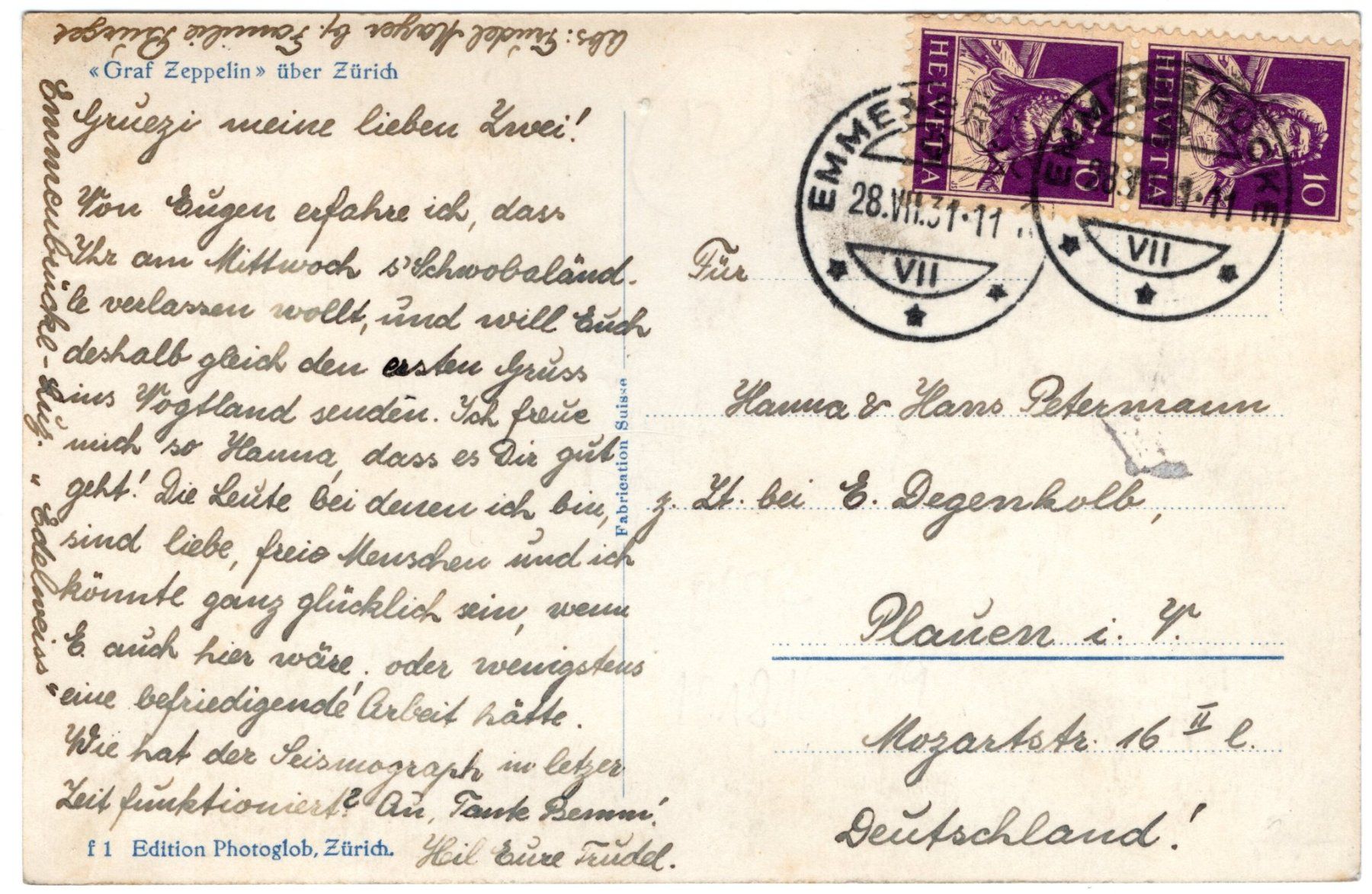 Cartoline postali: Luftschiff "Graf Zeppelin" über Zürich – Usato da Eglisau venduto da Chperfins 1