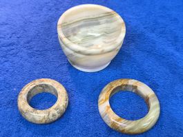 Mörser Schale & 2 Servietten Ringe, Onyx Marmor, Vintage Set