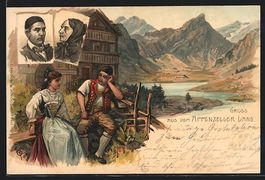 Litho Paar in Appenzeller Tracht sitzt v