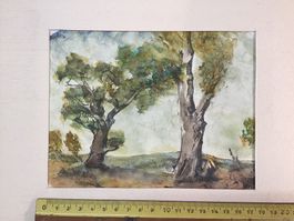 Aquarell Landschaft mit Bäumen, rechts unten Signatur