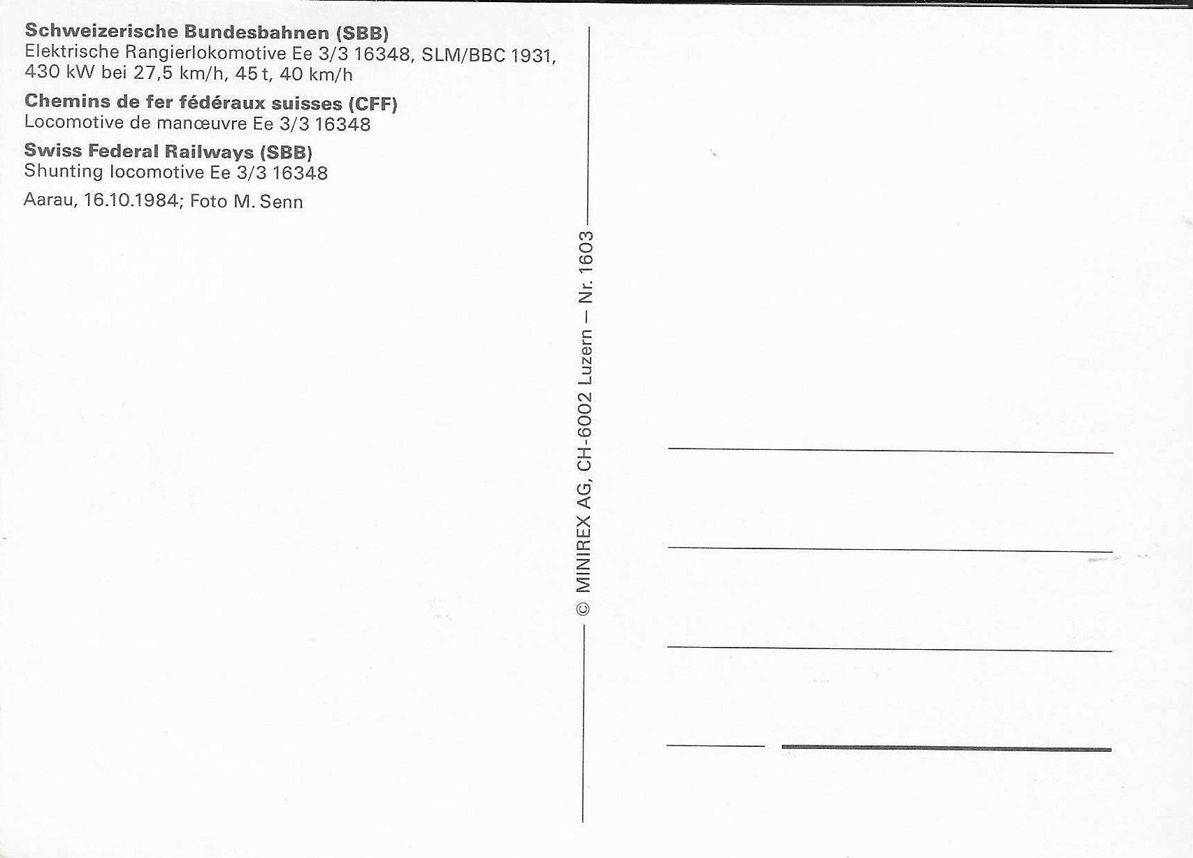 Ansichtskarten: SBB Elektrische Rangierlokomotive Ee 3/3 – Neu (gemäss Beschreibung) aus Rothrist von  1