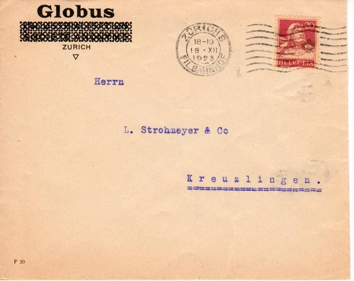 Tutti i francobolli: Brief vom Globus Zürich 1923 – Usato da Wolhusen venduto da Curver9