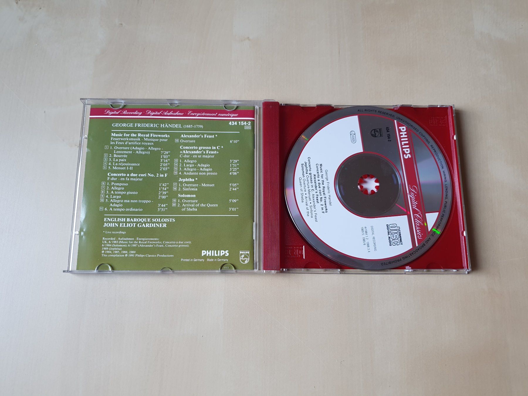 CD: John Eliot Gardiner Händel Music for Royal Fireworks – Usato da Stansstad venduto da collectorsshop 2