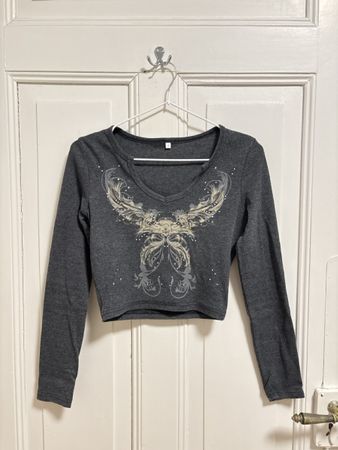Y2K Shein Grey Rhinestone Graphic Top, Long Sleeve - Size S
