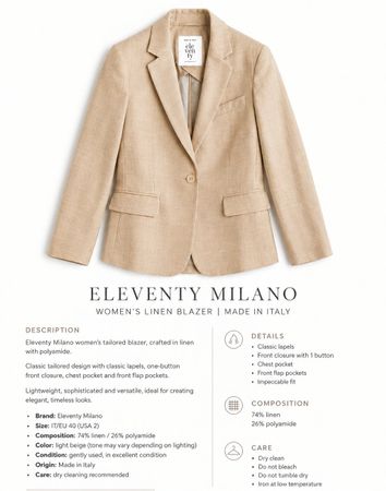 Eleventy Milano Blazer Leinen Beige Grösse 40 gebraucht