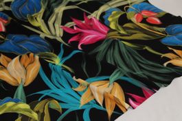 Stoff Viscosejersey Digitaldruck schwarz/Tropische Blumen