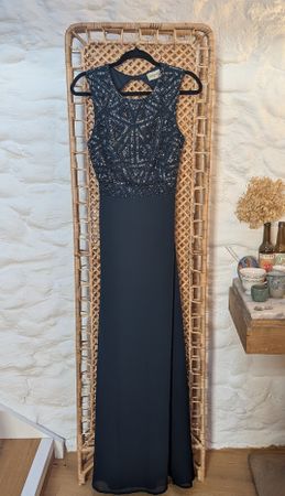 Robe longue à paillettes, dos nu - bleu de Prusse 