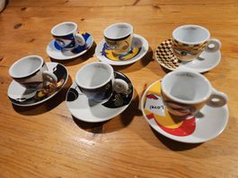 6 Espressotassen mit Untertassen, bunte Motive
