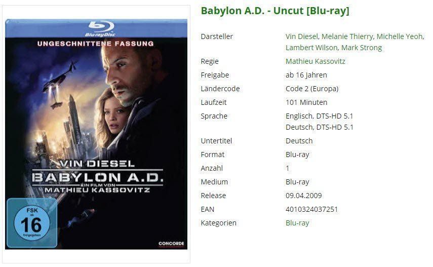 Tutti i DVDs: Babylon A.D. - Uncut [Blu-ray] – Usato da Buchrain venduto da Sssschaller