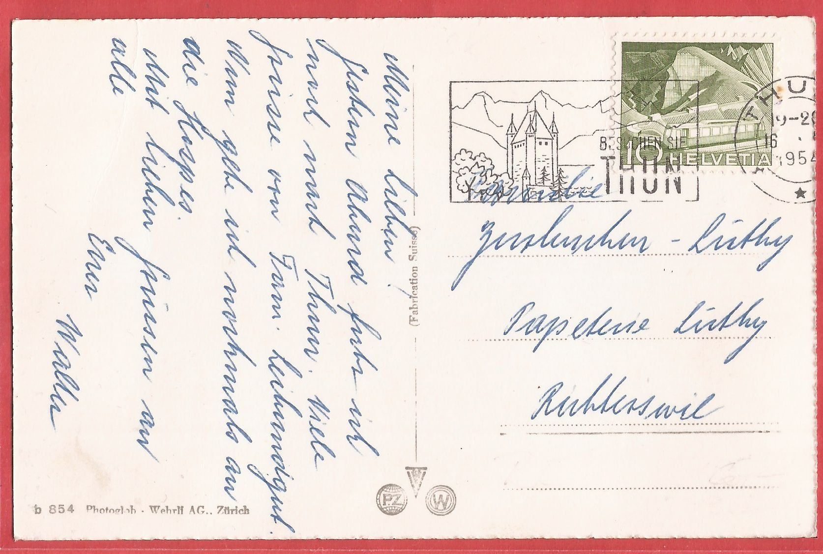 Cartoline postali: Thun - Tram auf Brücke mit Oldtimer - 1954 – Usato da Fislisbach venduto da Porano 1