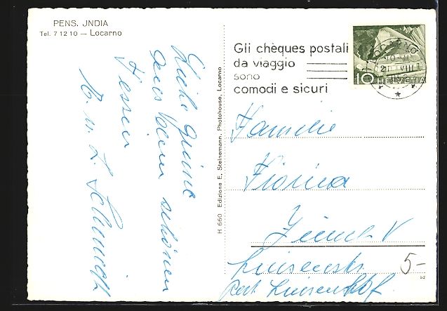 Ansichtskarten: AK Locarno, Pension India, 1952 – Gebraucht aus Berlin von bartko-reher 1