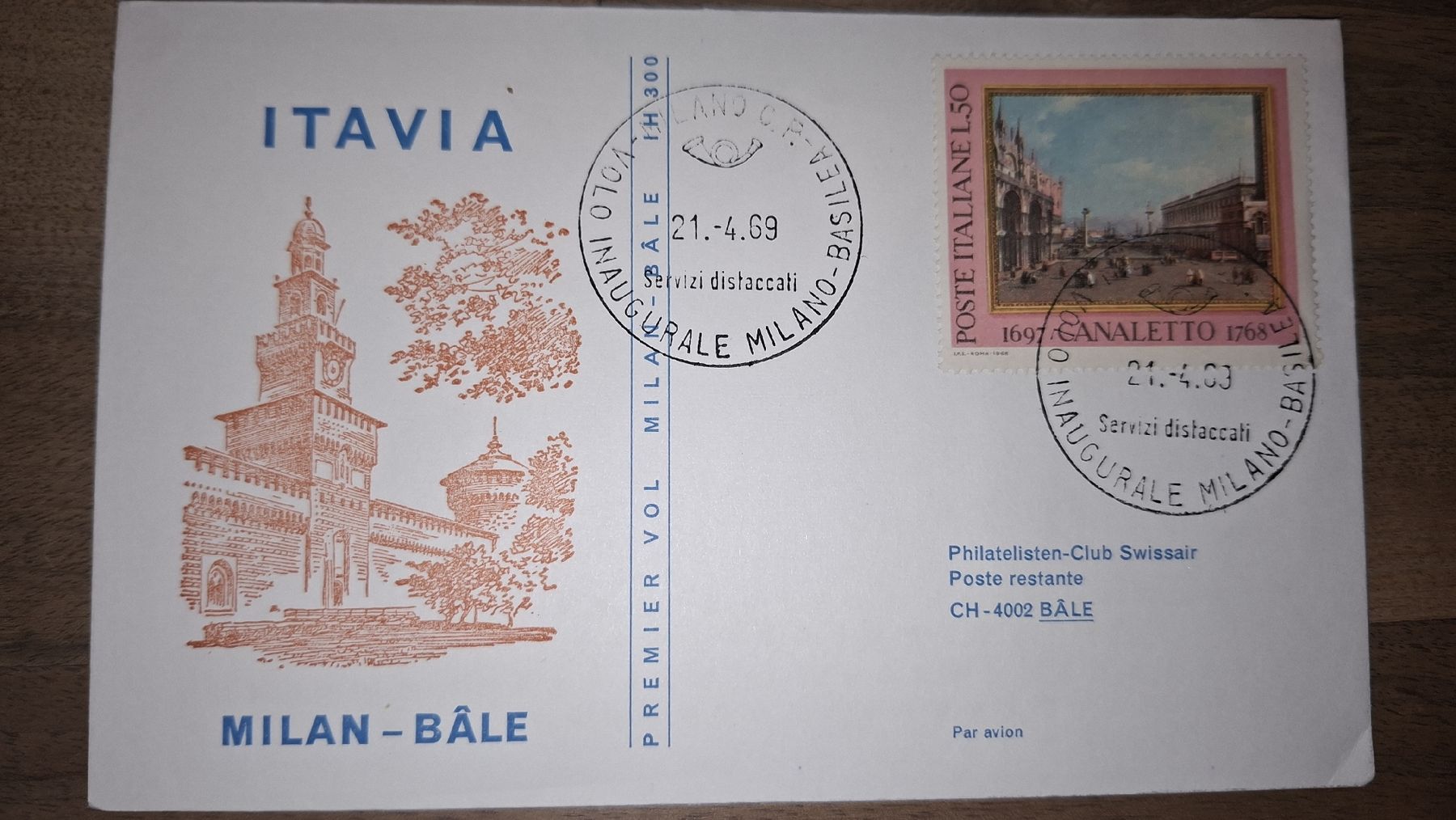 Tutti i francobolli: Itavia Milan - Bale 21.04.1969 – Usato da Balgach venduto da SIMEON27