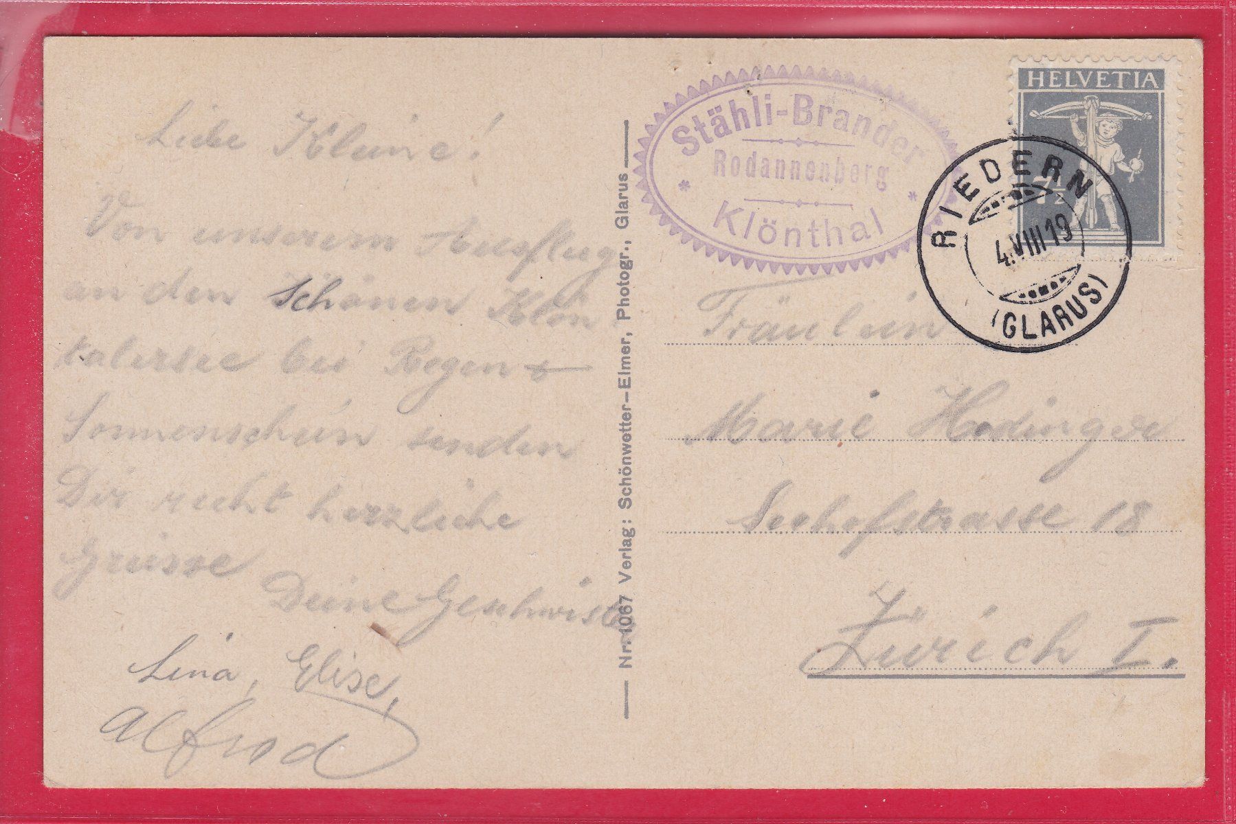 Ansichtskarten: STUDIE AM KLÖNTALERSEE, 4.8.1919 – Gebraucht aus Oberrieden von Gebirgsstelze 1
