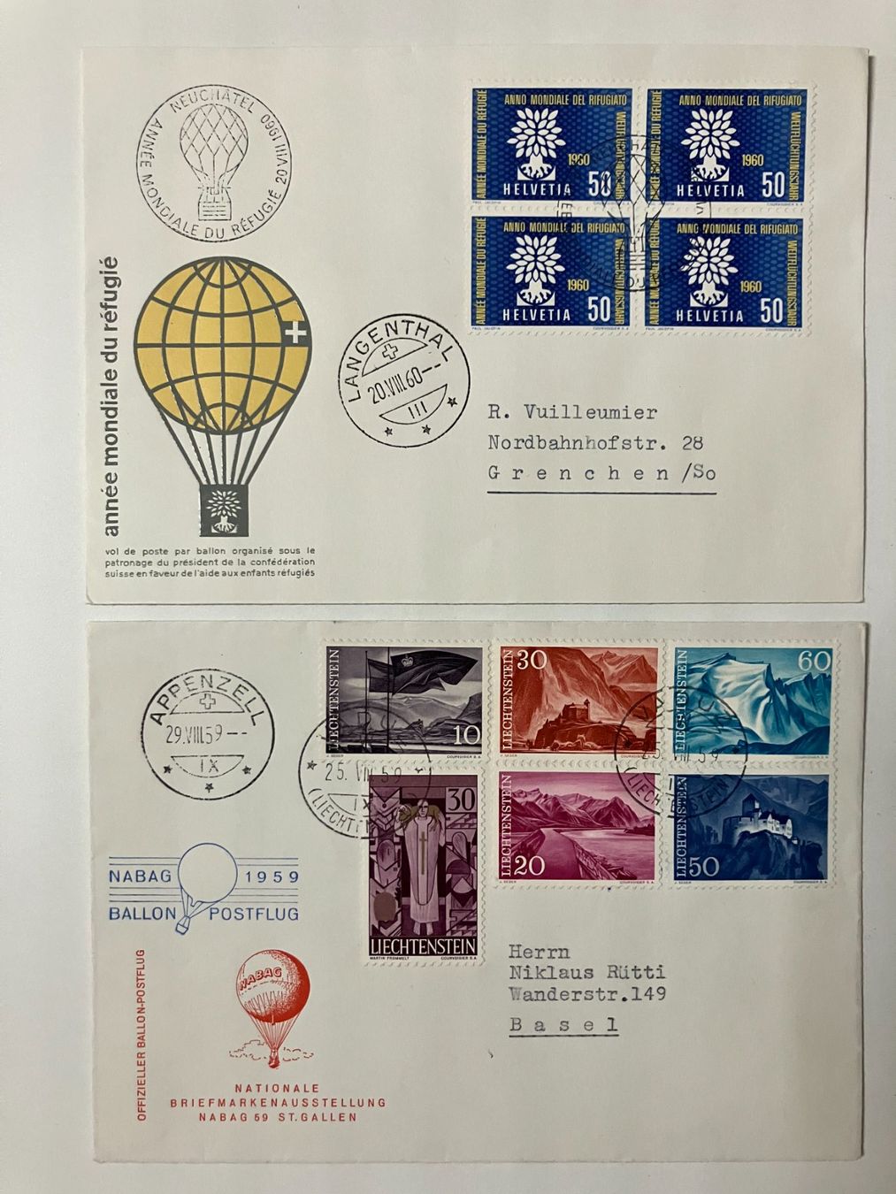 Tutti i francobolli: Ballon-Post CH/D 1958/60, 5 vers. Belege – Usato da Würenlos venduto da Eulenpostuhu 1