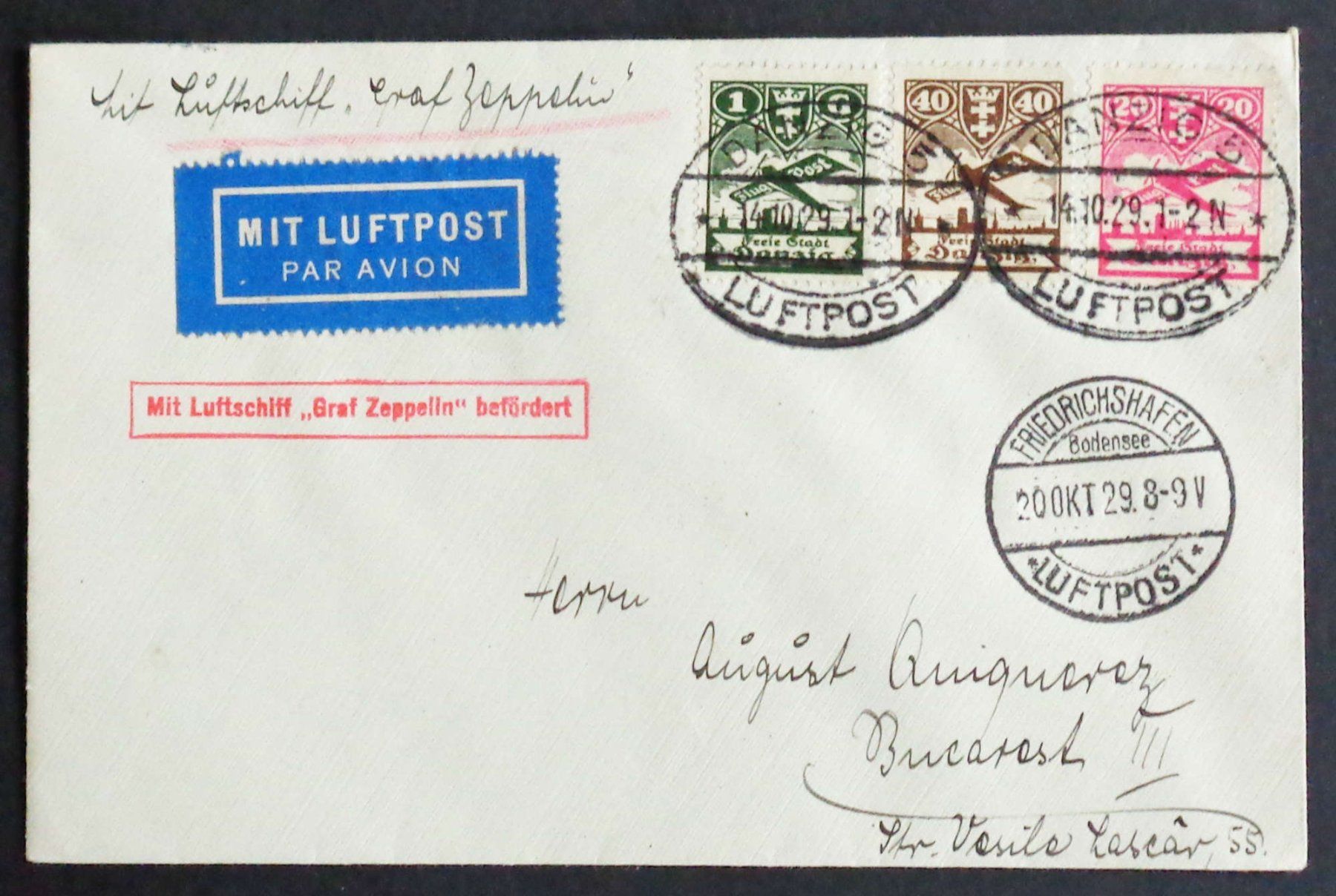 Tous les timbres: 1929: DANZIG–BUCURESTI Umschlag per Zeppelin-Luftpost – D'occasion à Le Locle par timbrettino