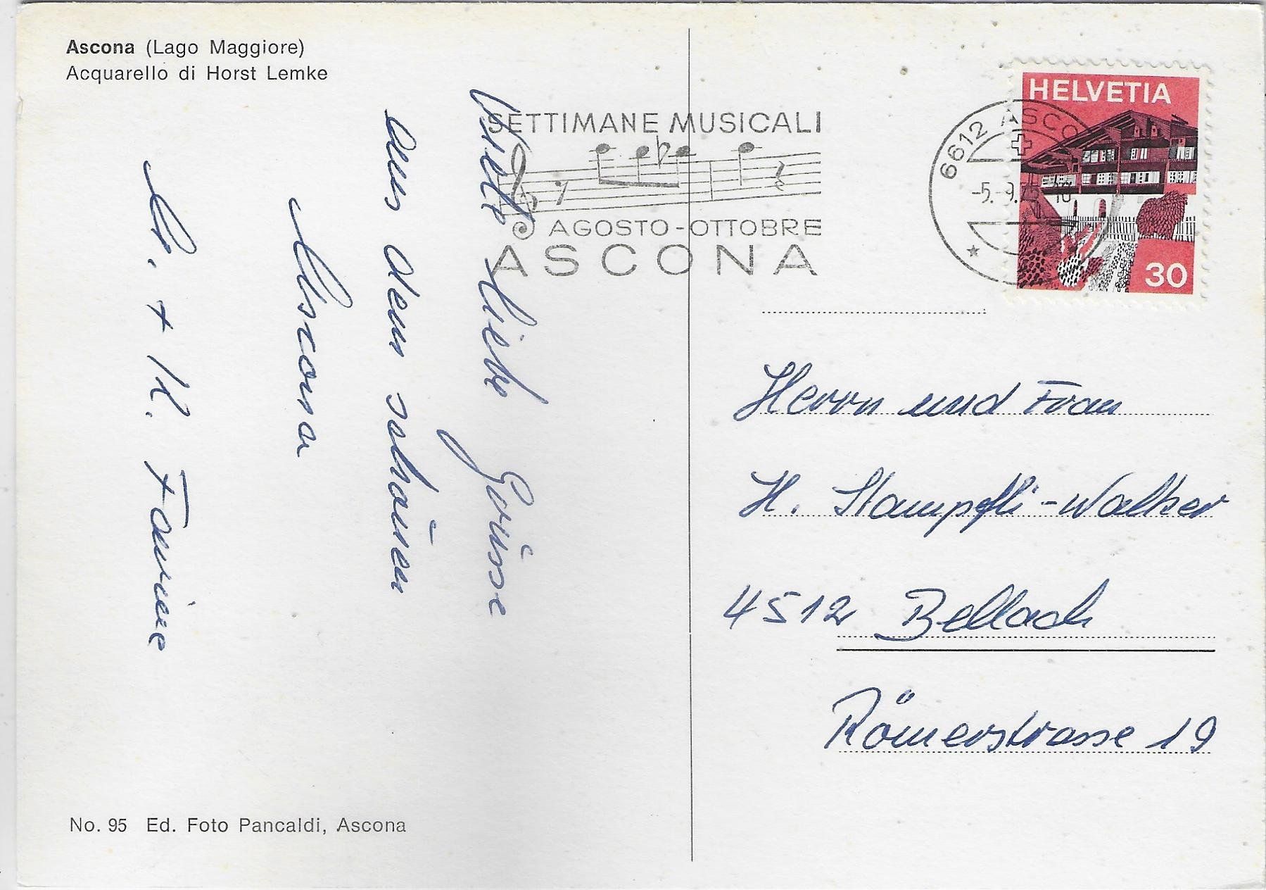 Cartoline postali: Ascona - Acquarello di Horst Lemke – Usato da Ettingen venduto da Kartenplanet 1
